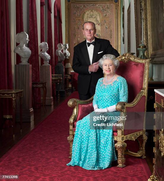 The Queen and HRH The Duke of Edinburgh at Buckingham Palace on 26th November 2001. Part of a series of photographs taken to commemorate the Golden...