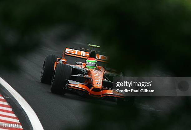 Sakon Yamamoto of Japan and Spyker F1 in action during practice for the Brazilian Formula One Grand Prix at the Autodromo Interlagos on October 19,...