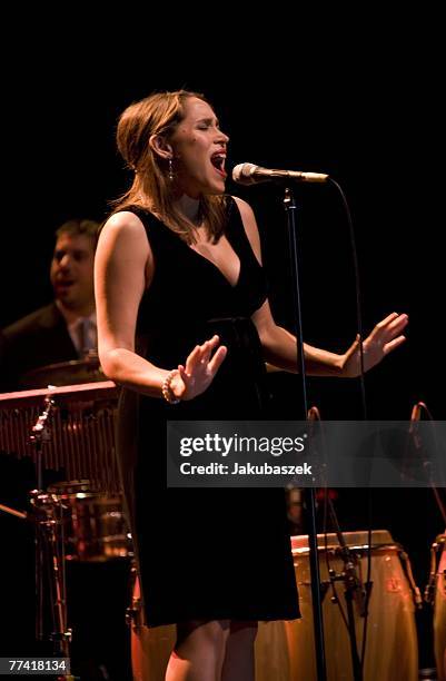 Singer China Forbes of the US band 'Pink Martini' performs live during a concert at the Admiralspalast October 19, 2007 in Berlin, Germany. The...