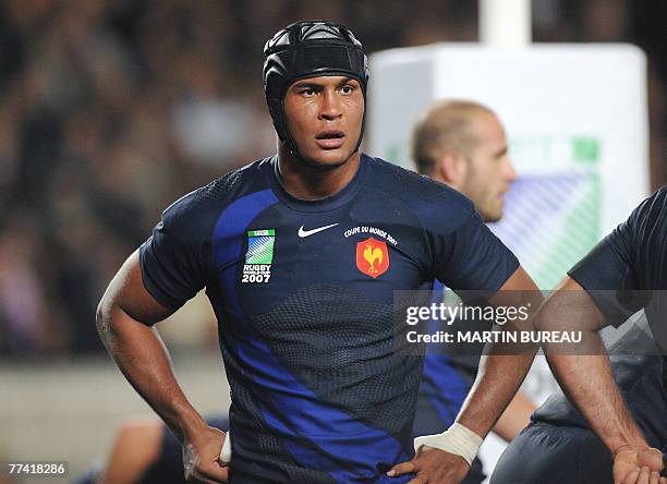 France's flanker Thierry Dusautoir reacts during the rugby union World Cup third place final match France vs. Argentina, 19 October 2007 at the Parc...