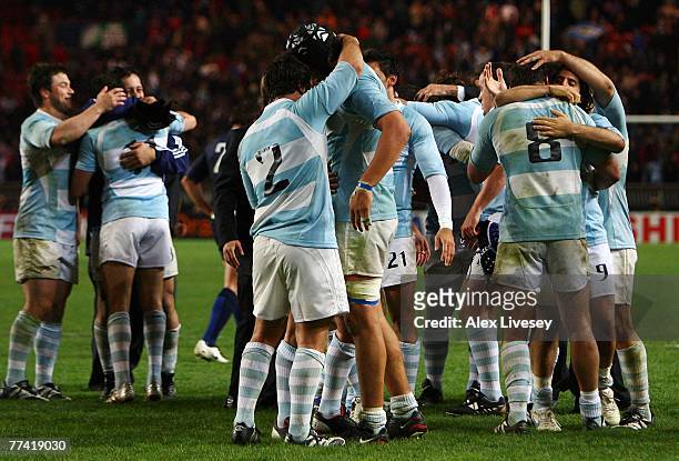 The Argentina players celebrate their team's victory at the end of the Bronze Final of the Rugby World Cup 2007 between France and Argentina at the...