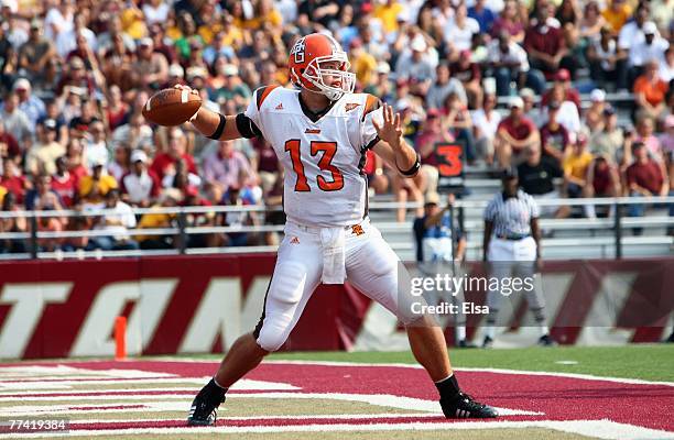 Tyler Sheehan of the Bowling Green Falcons passes the ball in the first half against the Boston College Eagles on October 6, 2007 at Alumni Stadium...