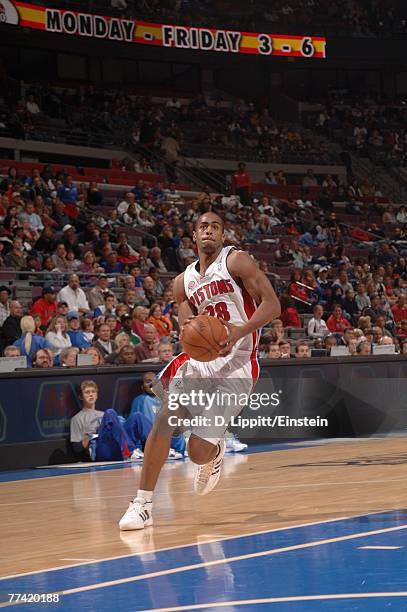 Arron Afflalo o of the Detroit Pistons drives to the basket during the game against the Denver Nuggets at The Palace of Auburn Hills on October 14,...