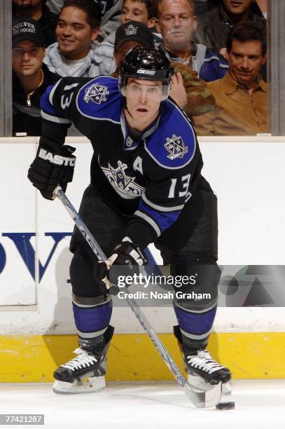 Michael Cammalleri of the Los Angeles Kings controls the puck during the game against the Minnesota Wild on October 16, 2007 at the Staples Center in...