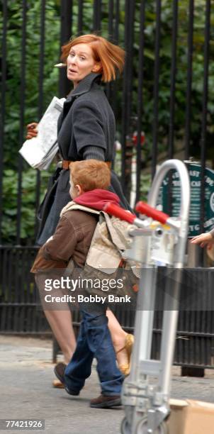 Cynthia Nixon and "Brady" on Location for "Sex and the City: The Movie in Chinatown New York October 17 2007