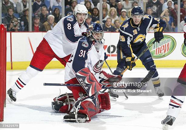 Pascal Leclaire of the Columbus Blue Jackets deflects a shot against the Buffalo Sabres on October 15, 2007 at HSBC Arena in Buffalo, New York.
