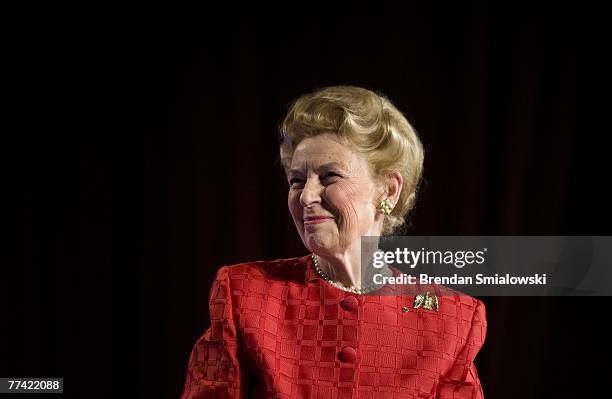 Phyllis Schlafly, president of the Eagle Forum, listens to applause during the Family Research Council's 2007 Washington briefing October 19, 2007 in...