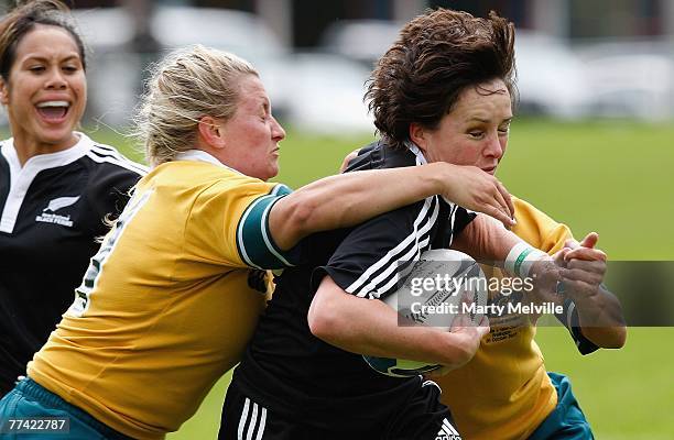 Anna Richards of the Black Ferns is tackled by Ruan Sims of the Wallaroos during the second test match between the New Zealand Black Ferns and the...