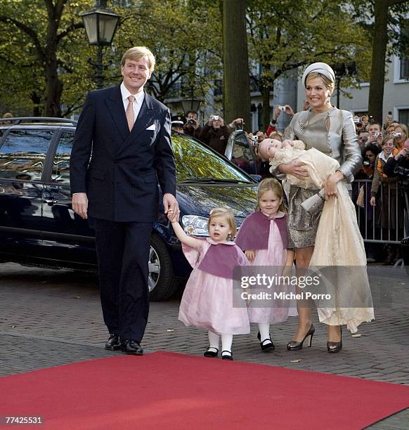 Dutch Prince Willem-Alexander, Princess Maxima and their children Princesses Catharina-Amalia, Alexia and Ariane arrive at the Kloosterkerk for the...