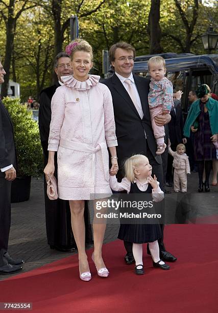 Dutch Princess Mabel, Prince Johan Friso and their daughters Luana and Zaria arrive at the Kloosterkerk for the christening ceremony of Princess...