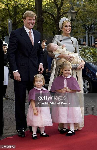 Dutch Prince Willem-Alexander, Princess Maxima and their children Princesses Catharina-Amalia, Alexia and Ariane arrive at the Kloosterkerk for the...