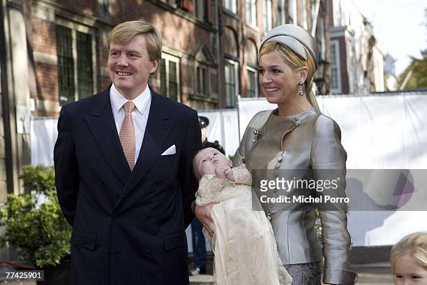 Dutch Prince Willem-Alexander, Princess Maxima and their children Princesses Catharina-Amalia , Alexia and Ariane arrive at the Kloosterkerk for the...