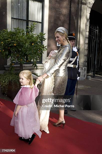 Dutch Princess Maxima and her children Princesses Catharina-Amalia and Ariane arrive at the Kloosterkerk for the christening ceremony of Princess...