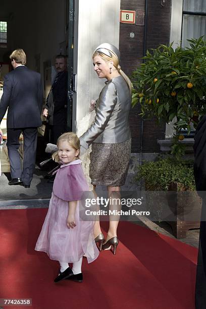 Dutch Princess Maxima and her children princesses Catharina-Amalia, Alexia and Ariane arrive at the Kloosterkerk for the christening ceremony of...