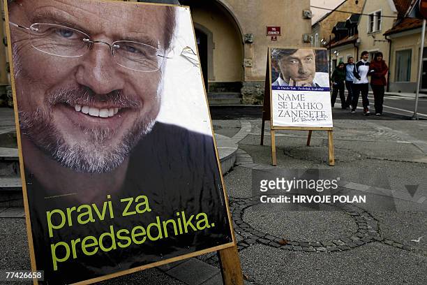 Pre-election posters featuring two main presidential candidates Lojze Peterle and Danilo Turk for the upcoming Slovenian presidential elections are...