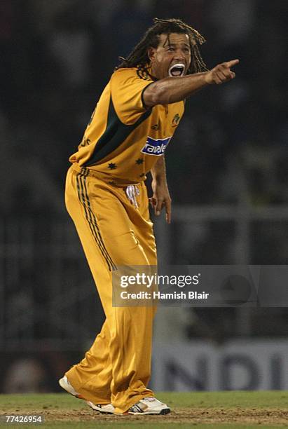 Andrew Symonds of Australia appeals unsuccessfully against Robin Uthappa of India during the Twenty20 International match between India and Australia...