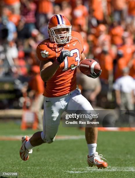 Tyler Grisham of the Clemson Tigers breaks free for a first down against the Central Michigan Chippewas at Memorial Stadium on October 20, 2007 in...