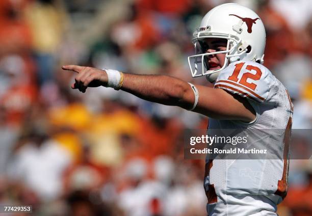 Quarterback Colt McCoy of the Texas Longhorns during play against the Baylor Bears at Floyd Casey Stadium on October 20, 2007 in Waco, Texas.