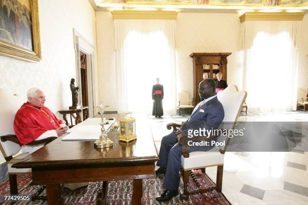 Pope Benedict XVI meets the President of Central Africa Francois Bozize at his private library, October 20, 2007 in Vatican City.