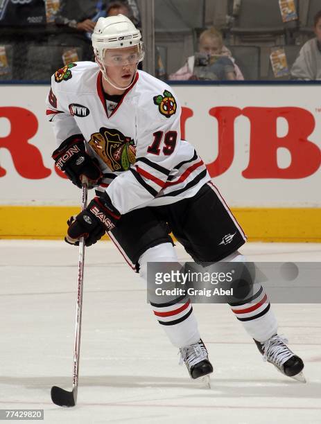Jonathan Toews of the Chicago Blackhawks skates during warm up prior to game action against the Toronto Maple Leafs October 20, 2007 at the Air...