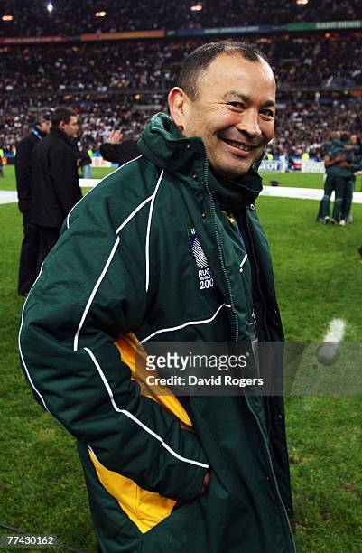 South African specialist coach Eddie Jones smiles after the 2007 Rugby World Cup Final between England and South Africa at the Stade de France on...