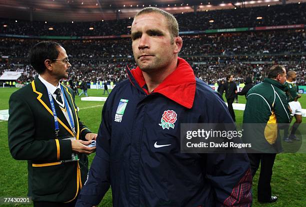 Phil Vickery of England leaves the field at the end of the 2007 Rugby World Cup Final between England and South Africa at the Stade de France on...