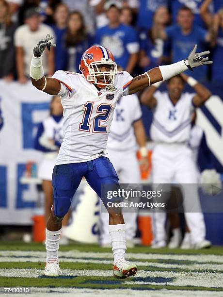Joe Haden of the Florida Gators celebrates after a defensive stop during the SEC game against the Kentucky Wildcats on October 20, 2007 at...