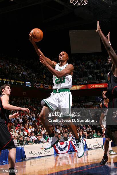 Ray Allen of the Boston Celtics shoots against the Philadelphia 76ers during the game at the Mohegan Sun October 20, 2007 in Uncasville, Connecticut....