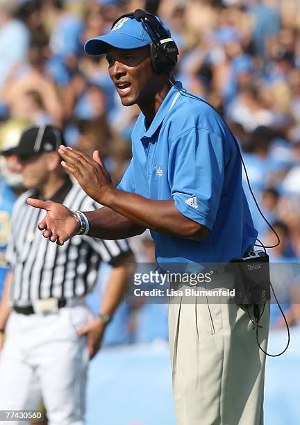 Head coach Karl Dorrell of the UCLA Bruins celebrates during the game against the California Golden Bears at the Pasadena Rose Bowl October 20, 2007...