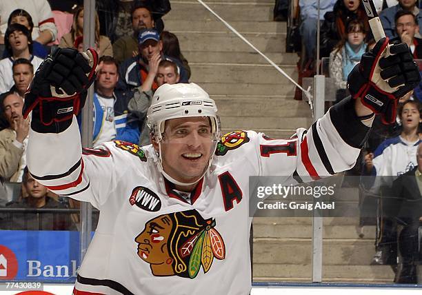 Patrick Sharp of the Chicago Blackhawks celebrates a third period goal against the Toronto Maple Leafs October 20, 2007 at the Air Canada Centre in...