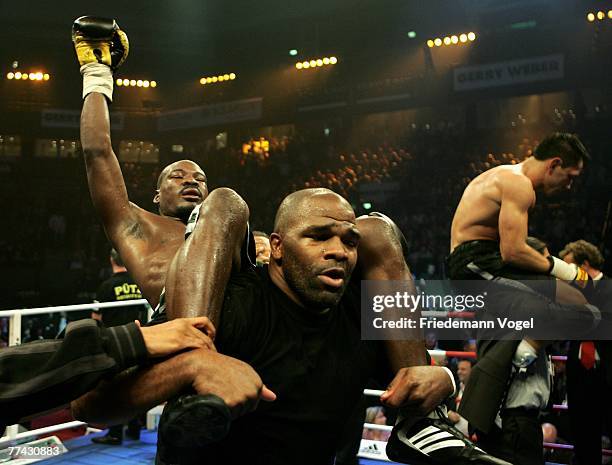 Randy Griffin celebrates after the WBA Middleweight World Championship fight between Felix Sturm of Germany and Randy Griffin of the USA during the...