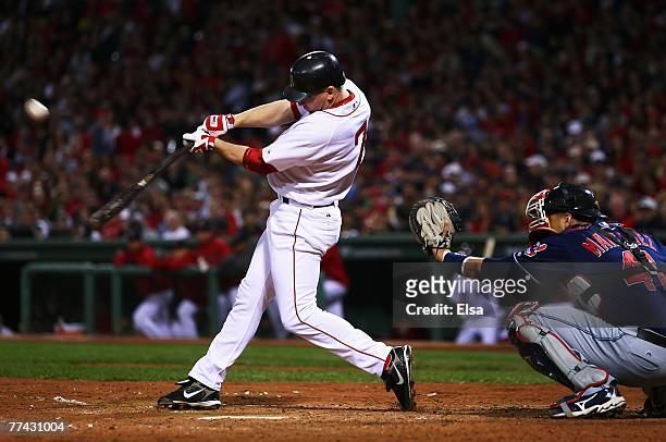 Drew of the Boston Red Sox pops out in the fifth inning against the Cleveland Indians during Game Six of the American League Championship Series at...