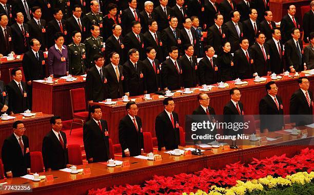 Chinese leaders Luo Gan, Wu Guanzheng, Jia Qinglin, Wu Bangguo, Hu Jintao, Jiang Zemin, Wen Jiabao, Zeng Qinghong and Li Changchun attend the 17th...