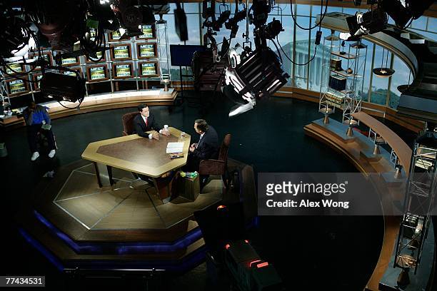 Stephen Colbert , host of "The Colbert Report," speaks as he is interviewed by moderator Tim Russert during a taping of "Meet the Press" at the NBC...