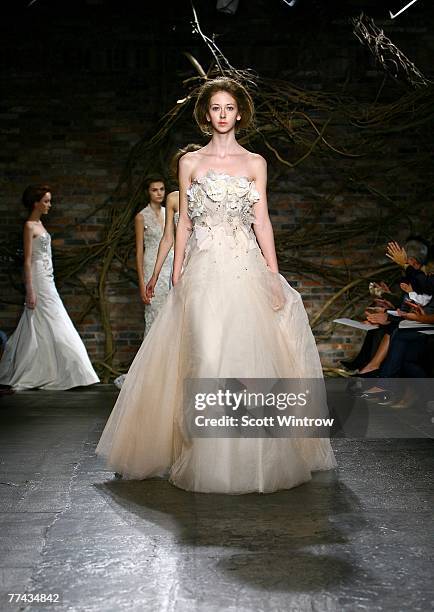 Model walks the runway during the Monique Lhullier bridal collections show at Cedar Lake on October 21, 2007 in New York City.