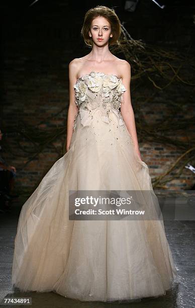 Model walks the runway during the Monique Lhullier bridal collections show at Cedar Lake on October 21, 2007 in New York City.
