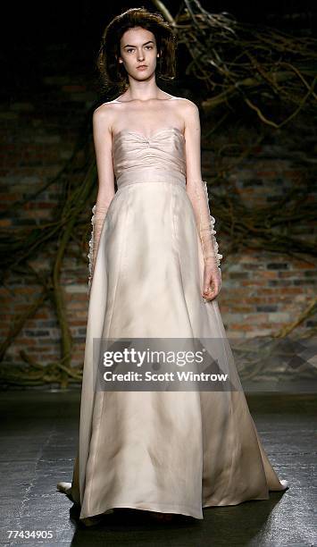 Model walks the runway during the Monique Lhullier bridal collections show at Cedar Lake on October 21, 2007 in New York City.