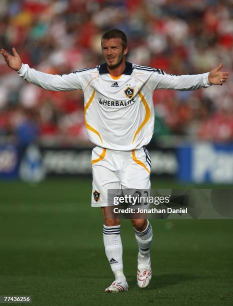 David Beckham of the Los Angeles Galaxy protests a call to a referee during a match against the Chicago Fire on October 21, 2007 at Toyota Park in...