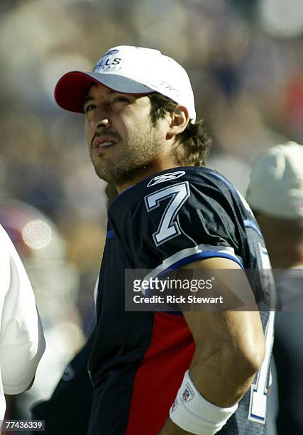 Losman of the Buffalo Bills watches the scoreboard against the Baltimore Ravens on October 21, 2007 at Ralph Wilson Stadium in Orchard Park, New York.