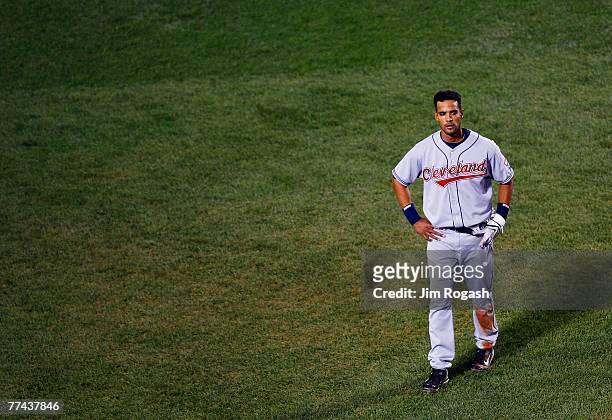 Franklin Gutierrez of the Cleveland Indians reacts after being tagged out as part of an inning ending double play in the seventh inning against the...