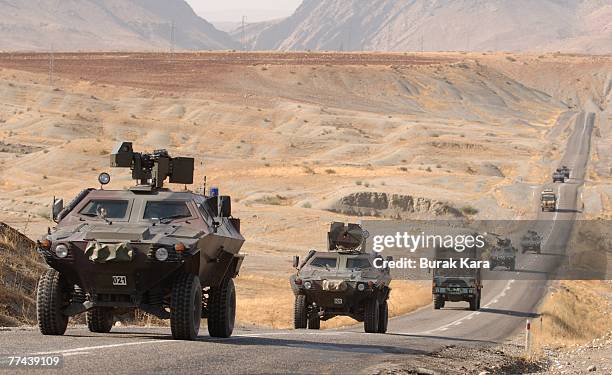 Turkish army convoy heads toward Sirnak on the Turkey-Iraq border on October 22, 2007 near Sirnak, Turkey. Kurdish rebels ambushed a military unit at...