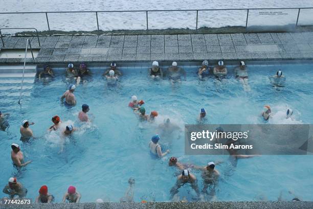 The busy hot spa pool at Bad Gastein, Austria, March 1980.