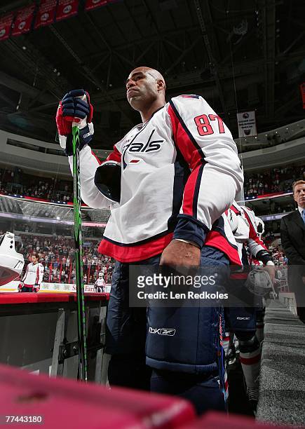 Donald Brashear of the Washington Capitals stands during the National Anthem in a NHL game against the Philadelphia Flyers on September 26, 2007 at...