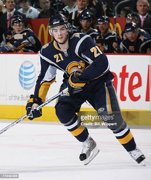 Drew Stafford of the Buffalo Sabres skates against the Columbus Blue Jackets on October 19, 2007 at HSBC Arena in Buffalo, New York.