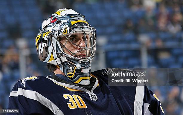 Ryan Miller of the Buffalo Sabres watches the pregame warmup before playing against the Columbus Blue Jackets on October 19, 2007 at HSBC Arena in...