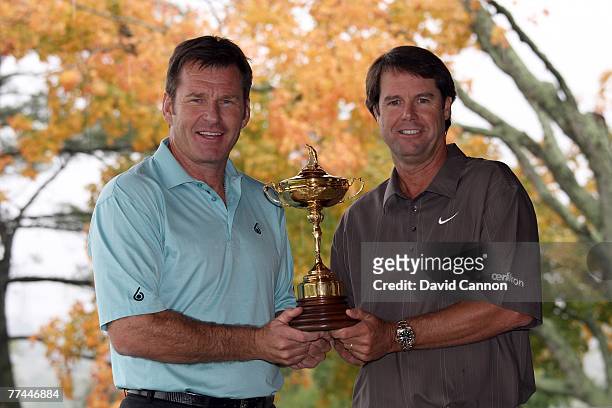 Nick Faldo the European Captain with Paul Azinger the USA captain during the photoshoot as a preview for the 2008 Ryder Cup at Valhalla Golf Club on...