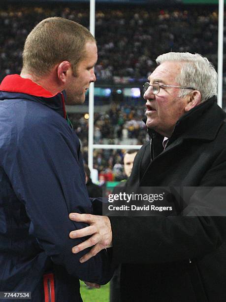 Defeated England captain, Phil Vickery is consoled by outgoing IRB chairman Syd Millar during the 2007 Rugby World Cup Final between England and...