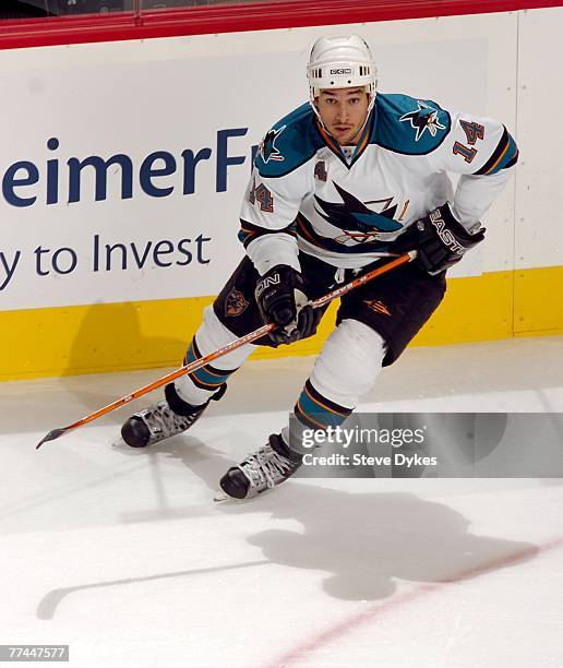 Jonathan Cheechoo of the San Jose Sharks skates during the game against the Colorado Avalanche on October 7, 2007 in Denver, Colorado.