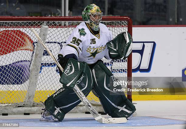 Goaltender Marty Turco of the Dallas Stars warms up prior to a game against the Nashville Predators at the Sommet Center on October 6, 2007 in...