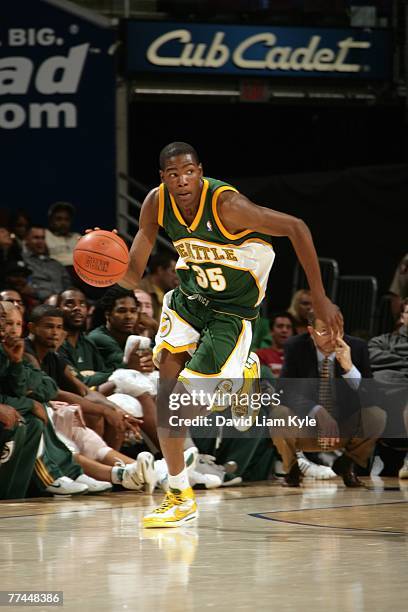 Kevin Durant of the Cleveland Cavaliers drives the ball up court during a preseason game against the Seattle SuperSonics at The Quicken Loans Arena...